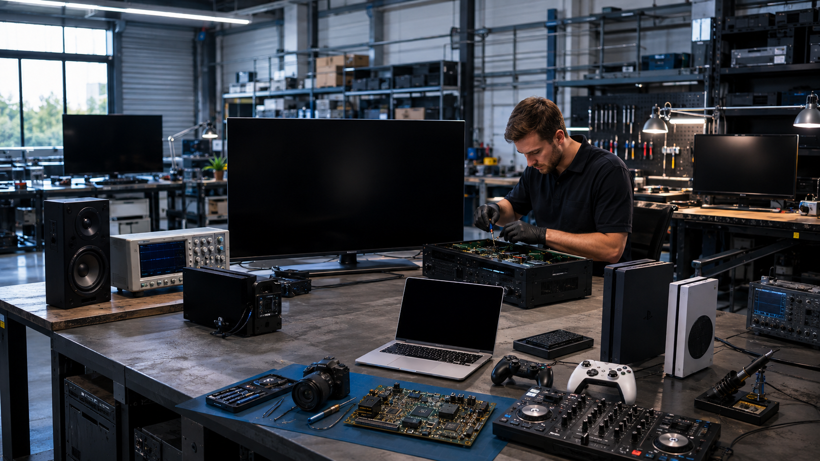 Lawless Bros workshop bench with a large flat-screen TV, amplifier, laptop, camera, games consoles and DJ controller being repaired